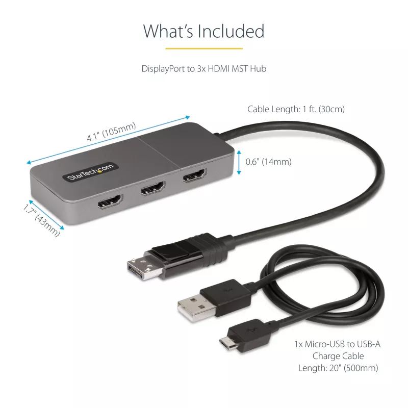 StarTech.com 3-pordiline MST-jaotur – DisplayPort 3× HDMI-ks, kolm 4K 60 Hz monitori, DP 1.4 mitme monitori videoadapter, 30 cm sisseehitatud kaabel, USB-toide, ainult Windows
