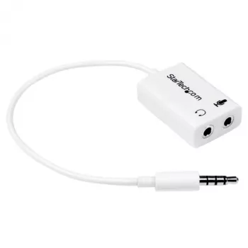 StarTech.com valge peakomplekti adapter peakomplektidele, millel on eraldi kõrvaklappide / mikrofoni pistikud - 3,5 mm 4-kontaktiline kuni 2x 3-kontaktiline 3,5 mm M/F