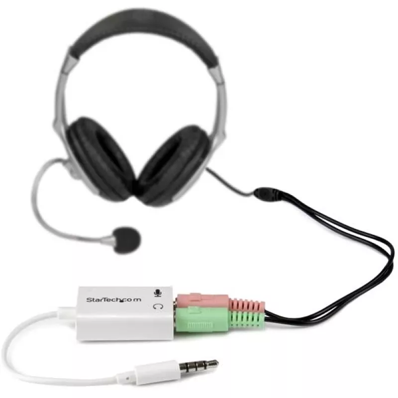 StarTech.com valge peakomplekti adapter peakomplektidele, millel on eraldi kõrvaklappide / mikrofoni pistikud - 3,5 mm 4-kontaktiline kuni 2x 3-kontaktiline 3,5 mm M/F