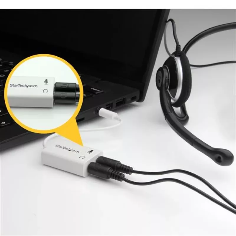 StarTech.com valge peakomplekti adapter peakomplektidele, millel on eraldi kõrvaklappide / mikrofoni pistikud - 3,5 mm 4-kontaktiline kuni 2x 3-kontaktiline 3,5 mm M/F