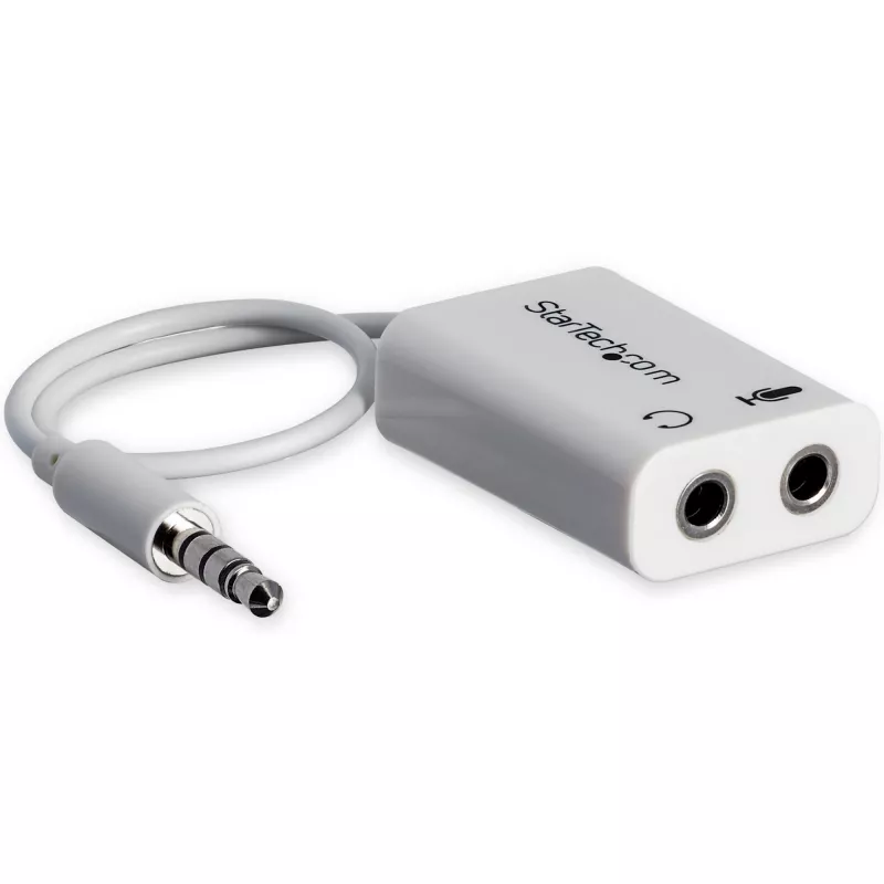 StarTech.com valge peakomplekti adapter peakomplektidele, millel on eraldi kõrvaklappide / mikrofoni pistikud - 3,5 mm 4-kontaktiline kuni 2x 3-kontaktiline 3,5 mm M/F