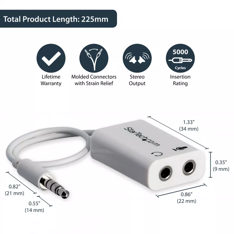 StarTech.com valge peakomplekti adapter peakomplektidele, millel on eraldi kõrvaklappide / mikrofoni pistikud - 3,5 mm 4-kontaktiline kuni 2x 3-kontaktiline 3,5 mm M/F