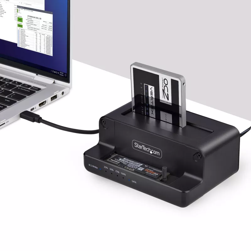 StarTech.com M.2 NVMe 2,5/3,5-tollise SATA-kõvakettadublikaator, kahe pesaga eraldiseisev SSD-kloonija/kettadokk, kahesuunaline NVMe–SATA / SATA–NVMe, kuni 27 GB/min, TAA