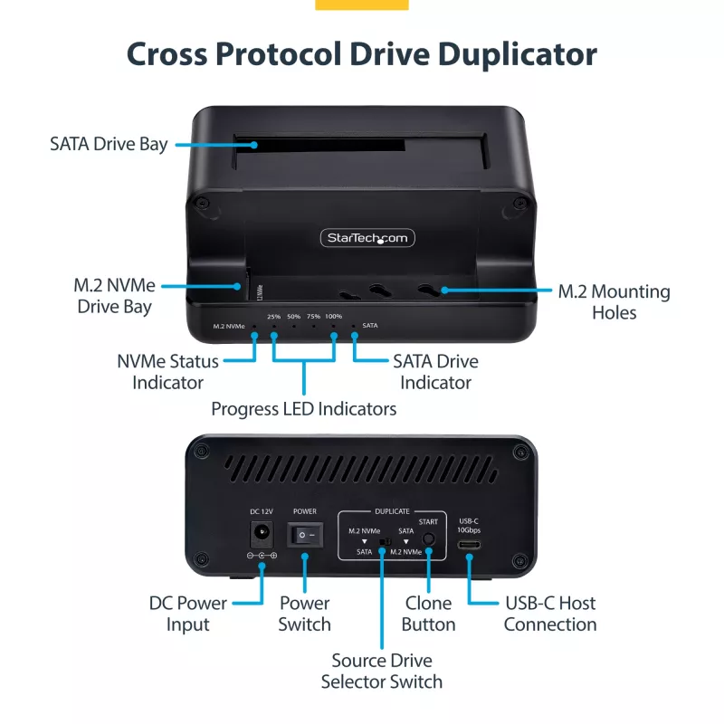 StarTech.com M.2 NVMe 2,5/3,5-tollise SATA-kõvakettadublikaator, kahe pesaga eraldiseisev SSD-kloonija/kettadokk, kahesuunaline NVMe–SATA / SATA–NVMe, kuni 27 GB/min, TAA