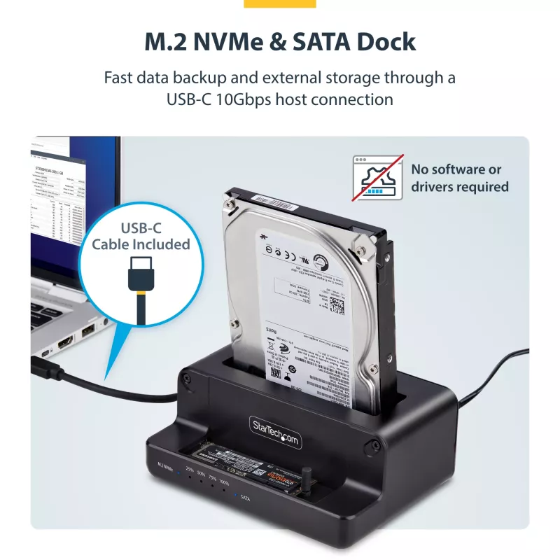 StarTech.com M.2 NVMe 2,5/3,5-tollise SATA-kõvakettadublikaator, kahe pesaga eraldiseisev SSD-kloonija/kettadokk, kahesuunaline NVMe–SATA / SATA–NVMe, kuni 27 GB/min, TAA