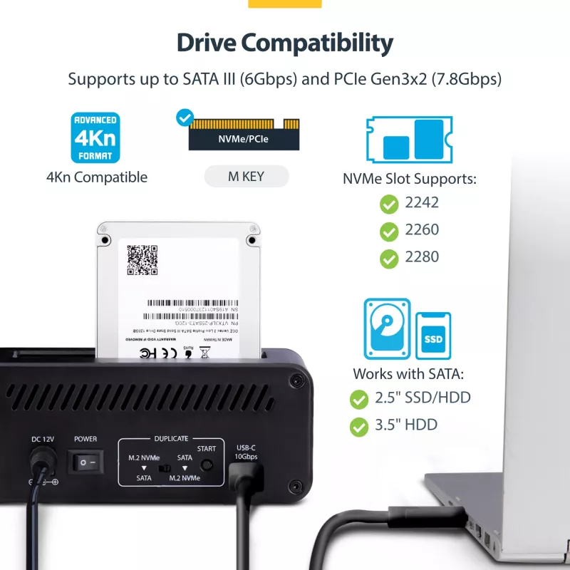 StarTech.com M.2 NVMe 2,5/3,5-tollise SATA-kõvakettadublikaator, kahe pesaga eraldiseisev SSD-kloonija/kettadokk, kahesuunaline NVMe–SATA / SATA–NVMe, kuni 27 GB/min, TAA
