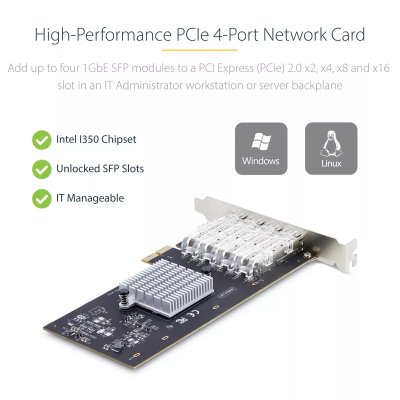 StarTech.com 4-Pordiga GbE SFP võrgukaart, PCIe 2.0 x2 (ühildub x4, x8, x16), Intel I350-AM4 4x 1GbE kontroller, 1000BASE vask/kiudoptika, lauaarvuti/serveri neljapordiline gigabitine Etherneti võrguliides - Windows ja Linux