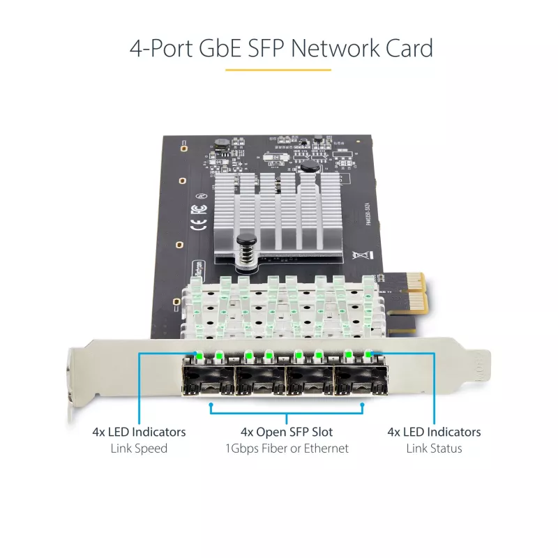 StarTech.com 4-Pordiga GbE SFP võrgukaart, PCIe 2.0 x2 (ühildub x4, x8, x16), Intel I350-AM4 4x 1GbE kontroller, 1000BASE vask/kiudoptika, lauaarvuti/serveri neljapordiline gigabitine Etherneti võrguliides - Windows ja Linux