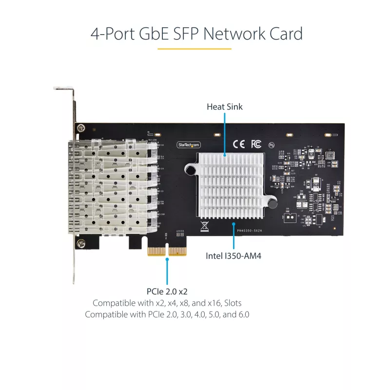 StarTech.com 4-Pordiga GbE SFP võrgukaart, PCIe 2.0 x2 (ühildub x4, x8, x16), Intel I350-AM4 4x 1GbE kontroller, 1000BASE vask/kiudoptika, lauaarvuti/serveri neljapordiline gigabitine Etherneti võrguliides - Windows ja Linux