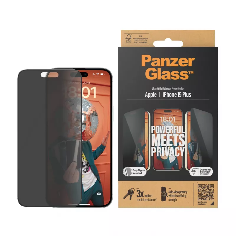 PanzerGlass® privaatsuskile iPhone 15 Plus | Ultra-Wide Fit koos EasyAligneriga