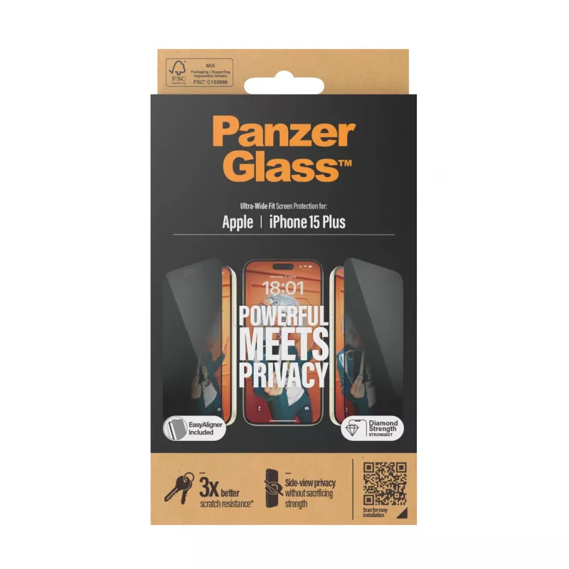 PanzerGlass® privaatsuskile iPhone 15 Plus | Ultra-Wide Fit koos EasyAligneriga
