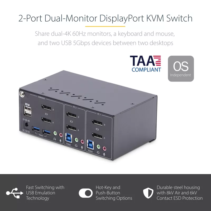 StarTech.com 2-pordiline kahe monitoriga DisplayPort KVM-lüliti, 4K 60Hz, 2x USB 5Gbps jaoturiporti, 2x USB 2.0 HID-porti, kiirklahvide ja nuppvajutusega lülitus, TAA vastavuses – ESD Level 3 kaitse