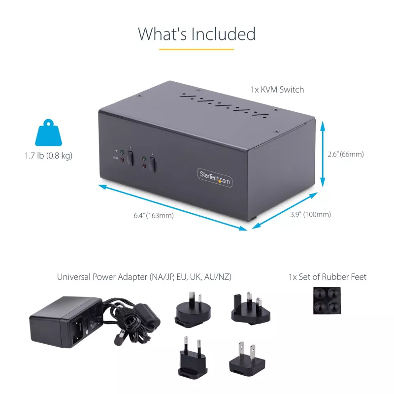 StarTech.com 2-pordiline kahe monitoriga DisplayPort KVM-lüliti, 4K 60Hz, 2x USB 5Gbps jaoturiporti, 2x USB 2.0 HID-porti, kiirklahvide ja nuppvajutusega lülitus, TAA vastavuses – ESD Level 3 kaitse