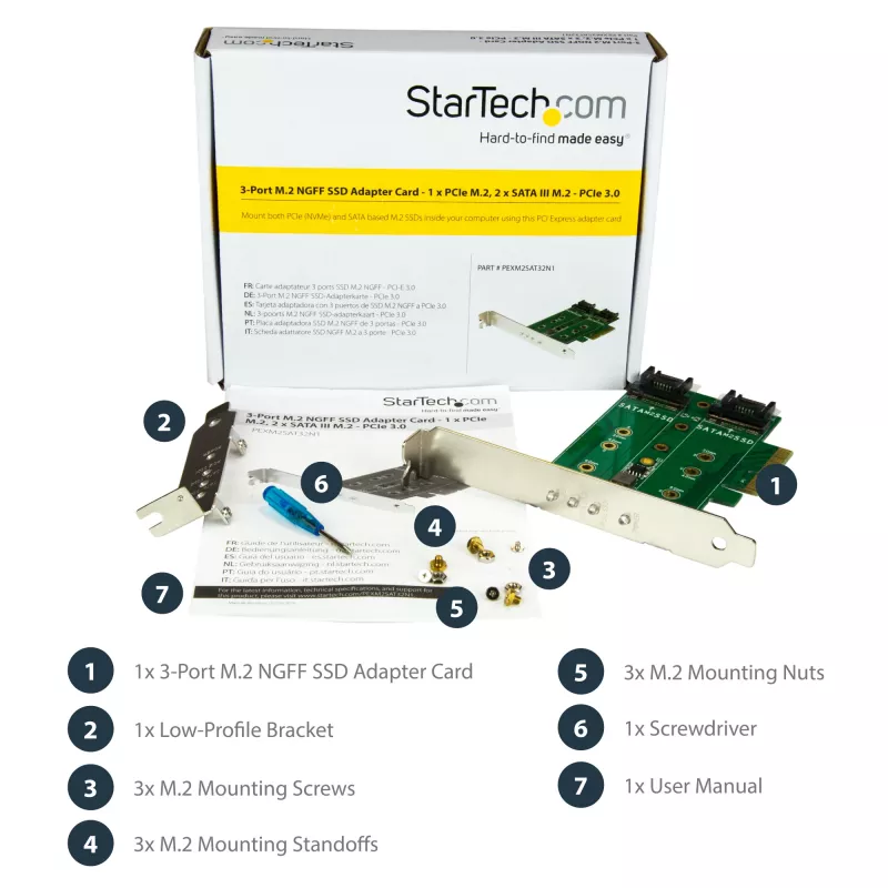 StarTech.com 3-pordiline M.2 SSD (NGFF) adapterkaart - 1 x PCIe (NVMe) M.2, 2 x SATA III M.2 - PCIe 3.0