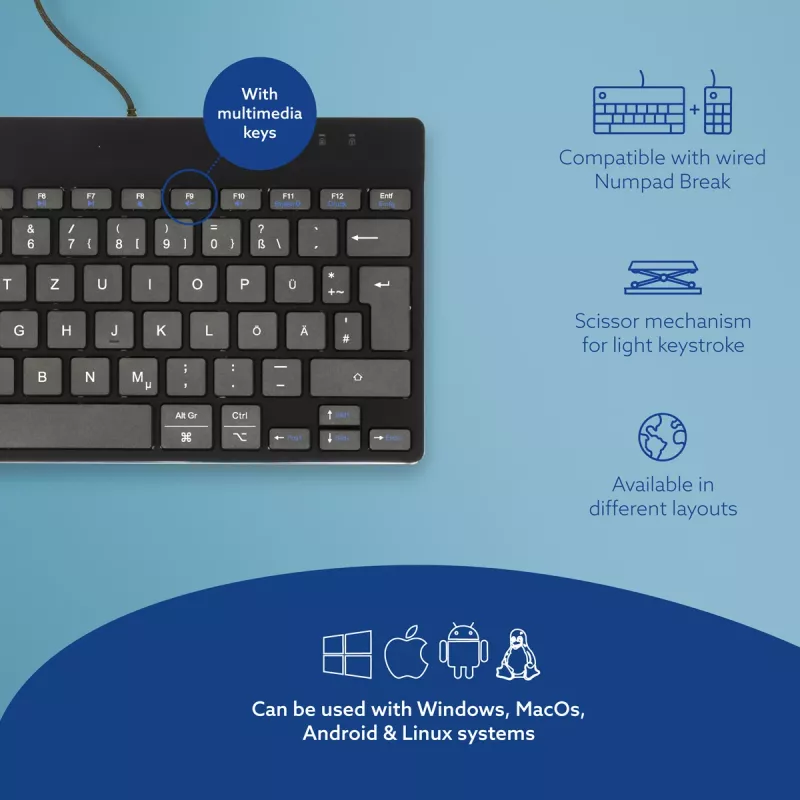 R-Go Tools Ergonoomiline klaviatuur R-Go Compact Break, kompaktne klaviatuur pausitarkvaraga, QWERTZ (DE), juhtmega, must