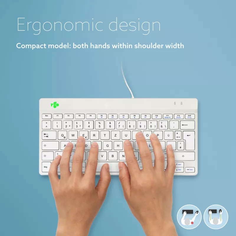 R-Go Tools Ergonoomiline klaviatuur R-Go Compact Break, kompaktne klaviatuur pausitarkvaraga, QWERTZ (DE), juhtmega, valge