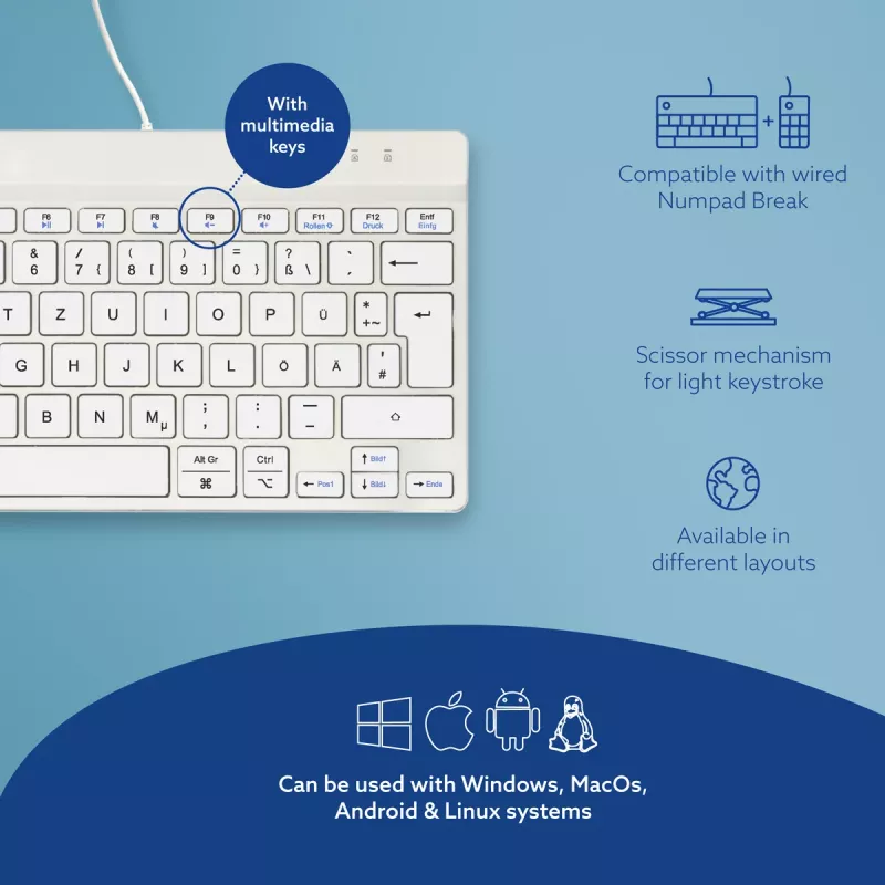R-Go Tools Ergonoomiline klaviatuur R-Go Compact Break, kompaktne klaviatuur pausitarkvaraga, QWERTZ (DE), juhtmega, valge