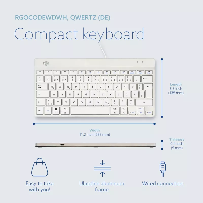 R-Go Tools Ergonoomiline klaviatuur R-Go Compact Break, kompaktne klaviatuur pausitarkvaraga, QWERTZ (DE), juhtmega, valge