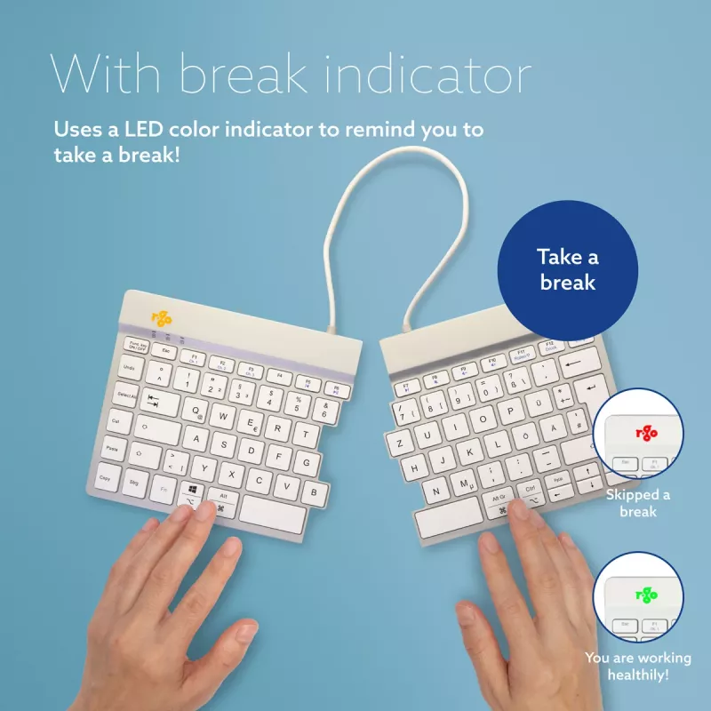 R-Go Tools Ergonoomiline klaviatuur R-Go Split Break koos pausitarkvaraga, ergonoomiline poolitatud klaviatuur, QWERTZ (DE), Bluetooth, valge