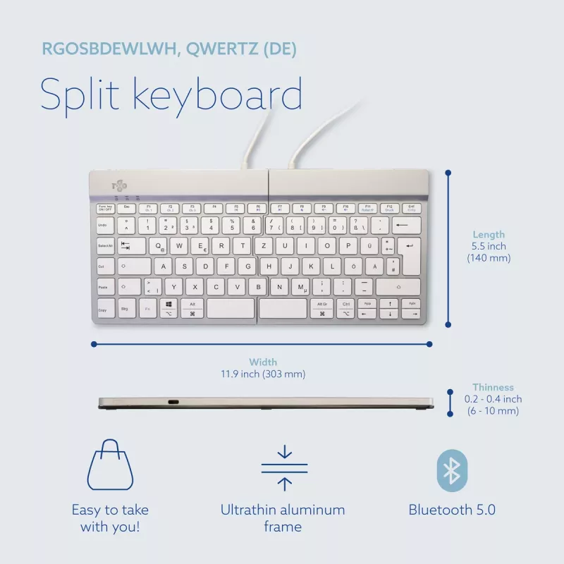 R-Go Tools Ergonoomiline klaviatuur R-Go Split Break koos pausitarkvaraga, ergonoomiline poolitatud klaviatuur, QWERTZ (DE), Bluetooth, valge