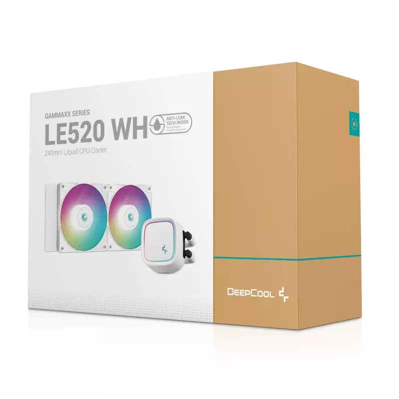 Kõik-ühes vedelikjahutus DeepCool LE520 WH — 120 mm ventilaator, 220 W TDP, valge, toetab LGA 1150/1151/1155/1200/1700 ja AM4/AM5