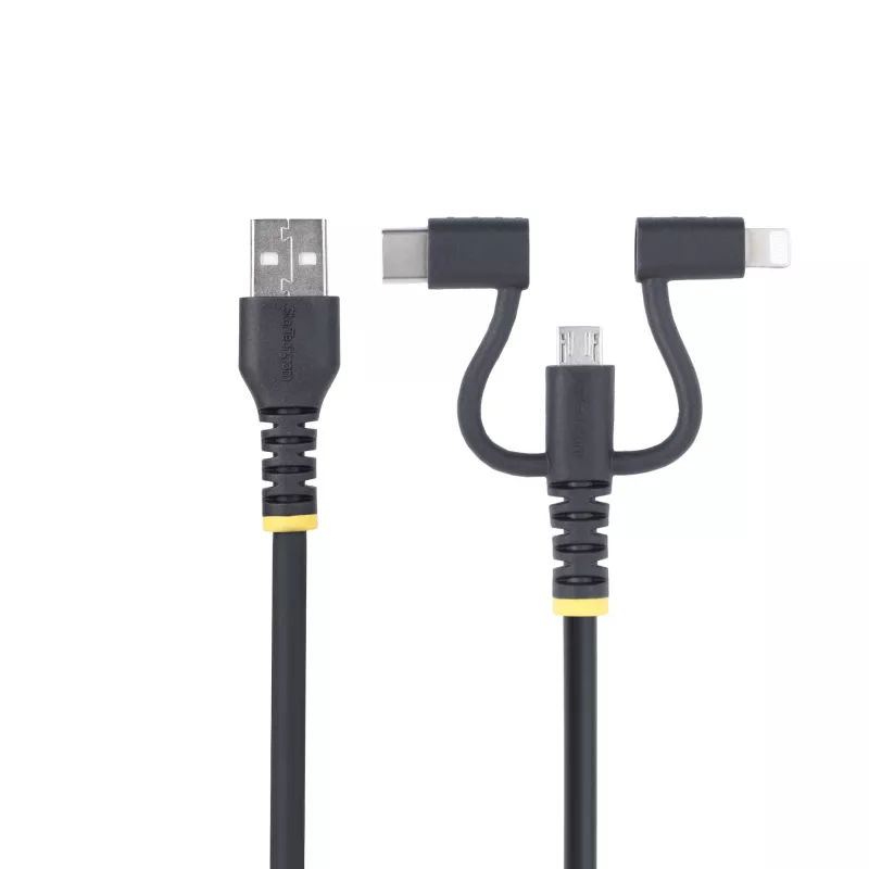 StarTech.com 3.3ft (1m) vastupidav USB mitmiklaadimiskaabel, USB Lightning/Mikro-USB/USB-C, Apple MFi sertifitseeritud, aramiidkatt, universaalne 3-in-1 USB laadimisjuhe iPhone'i/iPadi/Androidi jaoks