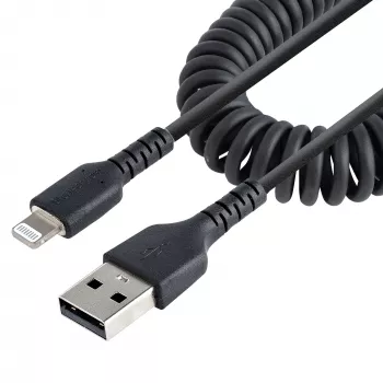 StarTech.com 1 m (3 jalga) USB–Lightning-kaabel, MFi-sertifikaadiga, spiraalne iPhone'i laadimiskaabel, must, vastupidav TPE-mantliga aramiidkiud, tugevdatud spiraalne Lightning-kaabel