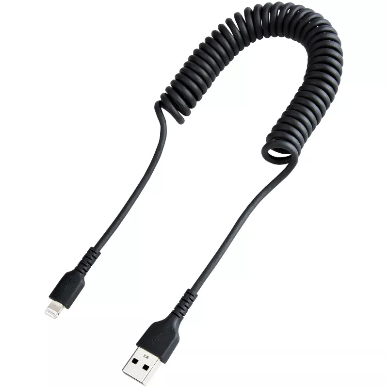 StarTech.com 1 m (3 jalga) USB–Lightning-kaabel, MFi-sertifikaadiga, spiraalne iPhone'i laadimiskaabel, must, vastupidav TPE-mantliga aramiidkiud, tugevdatud spiraalne Lightning-kaabel