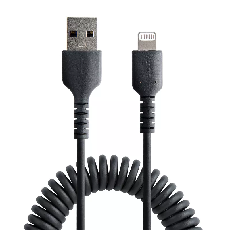 StarTech.com 1 m (3 jalga) USB–Lightning-kaabel, MFi-sertifikaadiga, spiraalne iPhone'i laadimiskaabel, must, vastupidav TPE-mantliga aramiidkiud, tugevdatud spiraalne Lightning-kaabel