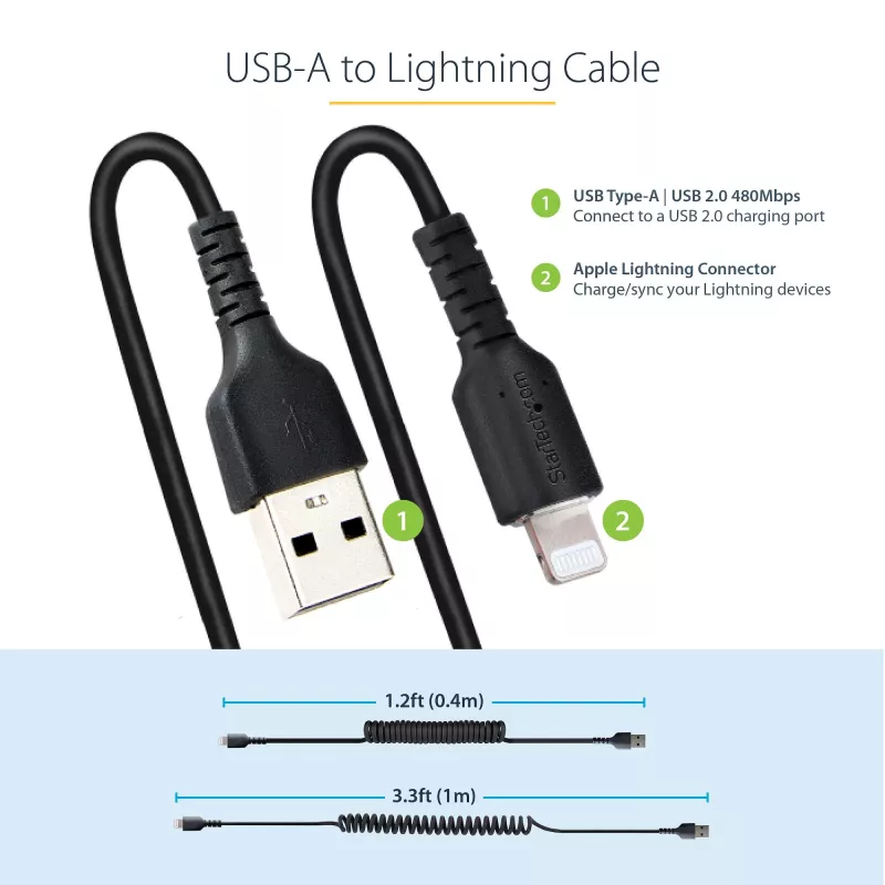 StarTech.com 1 m (3 jalga) USB–Lightning-kaabel, MFi-sertifikaadiga, spiraalne iPhone'i laadimiskaabel, must, vastupidav TPE-mantliga aramiidkiud, tugevdatud spiraalne Lightning-kaabel