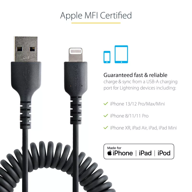 StarTech.com 1 m (3 jalga) USB–Lightning-kaabel, MFi-sertifikaadiga, spiraalne iPhone'i laadimiskaabel, must, vastupidav TPE-mantliga aramiidkiud, tugevdatud spiraalne Lightning-kaabel
