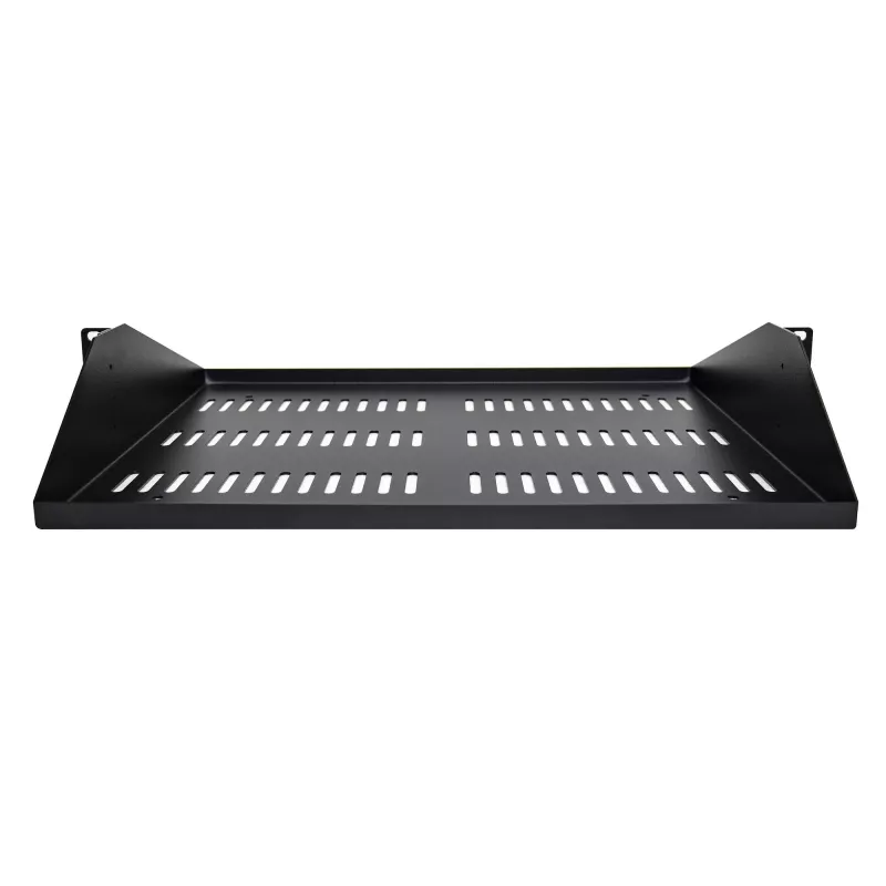 StarTech.com 2U serveririiuli riiul, tsentraalselt paigaldatav universaalne ventileeritav riiulikonsool 19 inch võrguseadmete riiulile, tugev teras, 200 naela kandevõime, 14 inch sügav, must