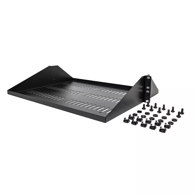 StarTech.com 2U serveririiuli riiul, tsentraalselt paigaldatav universaalne ventileeritav riiulikonsool 19 inch võrguseadmete riiulile, tugev teras, 200 naela kandevõime, 14 inch sügav, must