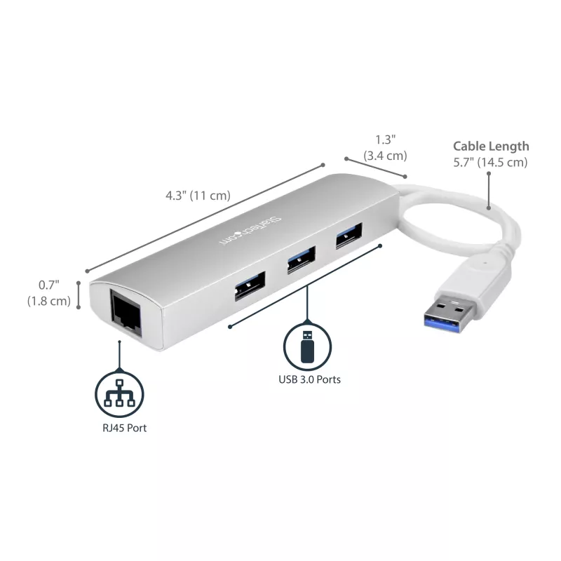 StarTech.com 3-pordiline kaasaskantav USB 3.0 jaotur ja Gigabit Ethernet - sisseehitatud kaabel~3-pordiline kaasaskantav USB 3.0 jaotur ja Gigabit Ethernet - 5 Gbps - sisseehitatud kaabel