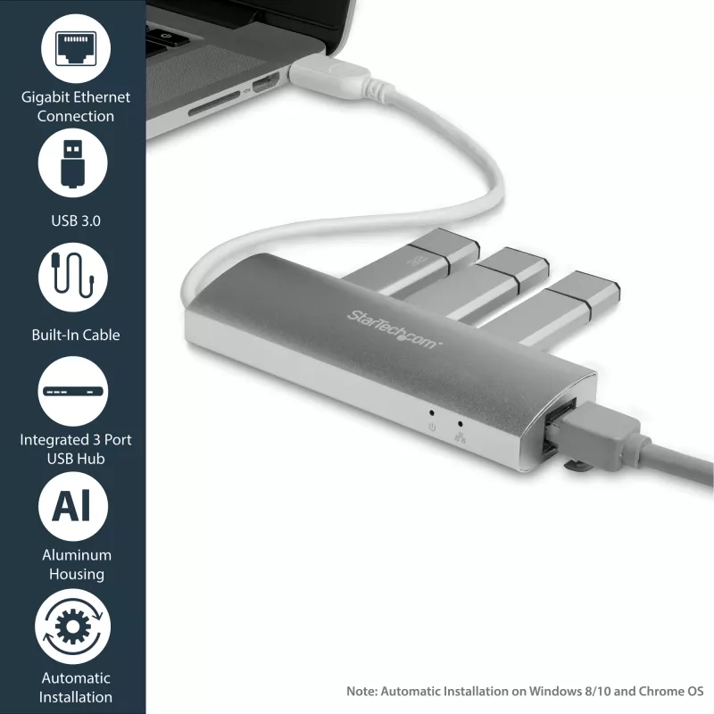 StarTech.com 3-pordiline kaasaskantav USB 3.0 jaotur ja Gigabit Ethernet - sisseehitatud kaabel~3-pordiline kaasaskantav USB 3.0 jaotur ja Gigabit Ethernet - 5 Gbps - sisseehitatud kaabel