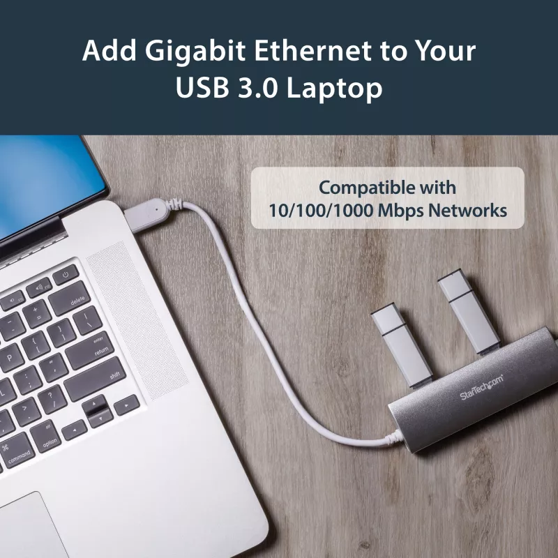 StarTech.com 3-pordiline kaasaskantav USB 3.0 jaotur ja Gigabit Ethernet - sisseehitatud kaabel~3-pordiline kaasaskantav USB 3.0 jaotur ja Gigabit Ethernet - 5 Gbps - sisseehitatud kaabel