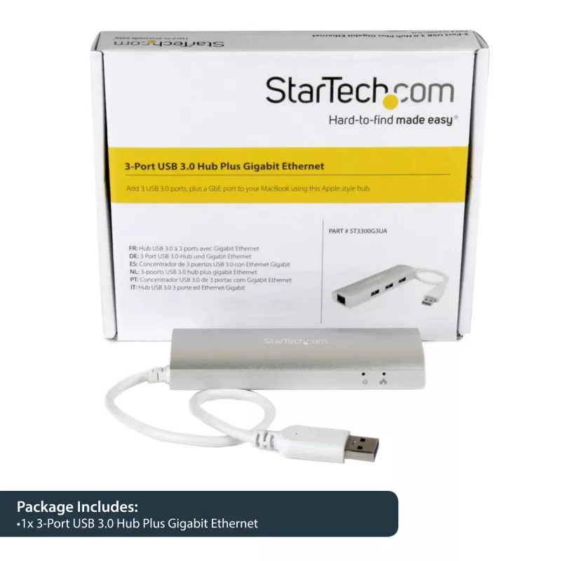 StarTech.com 3-pordiline kaasaskantav USB 3.0 jaotur ja Gigabit Ethernet - sisseehitatud kaabel~3-pordiline kaasaskantav USB 3.0 jaotur ja Gigabit Ethernet - 5 Gbps - sisseehitatud kaabel