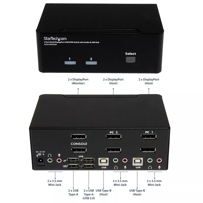 StarTech.com 2-pordiline kahe DisplayPortiga USB KVM-lüliti heli ja USB 2.0 jaoturiga
