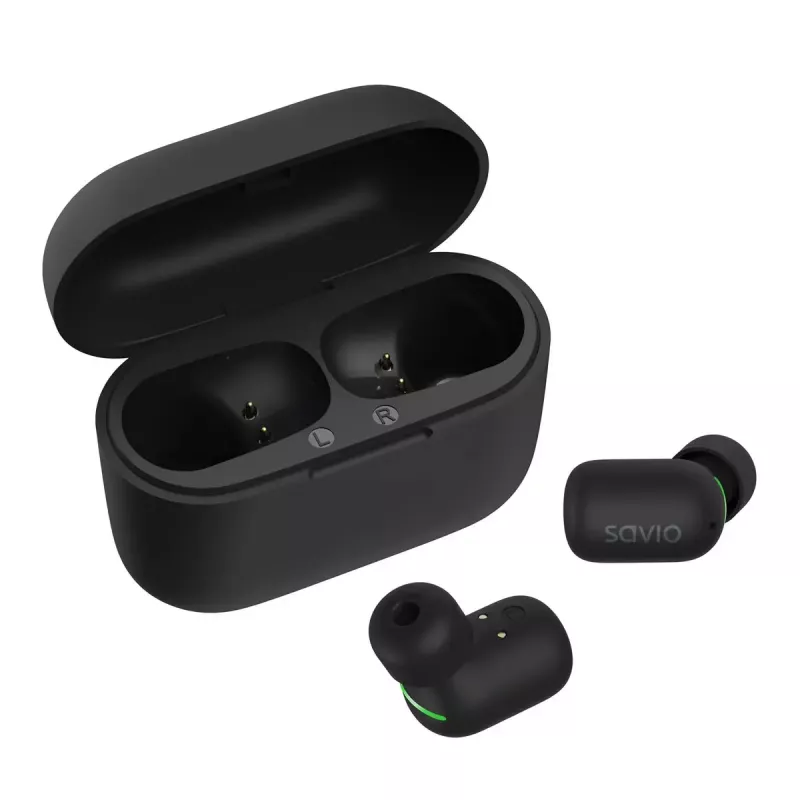 Juhtmevabad kõrvasisesed kõrvaklapid SAVIO TWS-09 — Bluetooth 5.1, binauraalne, 20–20000 Hz, 8 h kõneaeg, akupank, USB-C laadimine, must