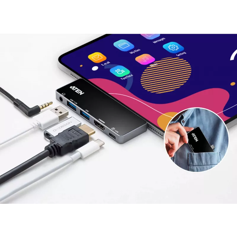 ATEN USB-C reisidokk võimsuse läbipääsuga, universaalne, USB USB-C, must, hõbedane