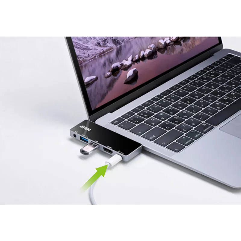 ATEN USB-C reisidokk võimsuse läbipääsuga, universaalne, USB USB-C, must, hõbedane