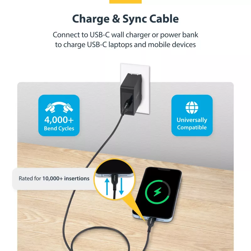 StarTech.com 4m USB-C laadimiskaabel, laadimine ja sünkroonimine, 60W (3A) PD, USB 2.0 sülearvuti laadimiskaabel, TPE mantliga - must USB-C laadimisjuhe