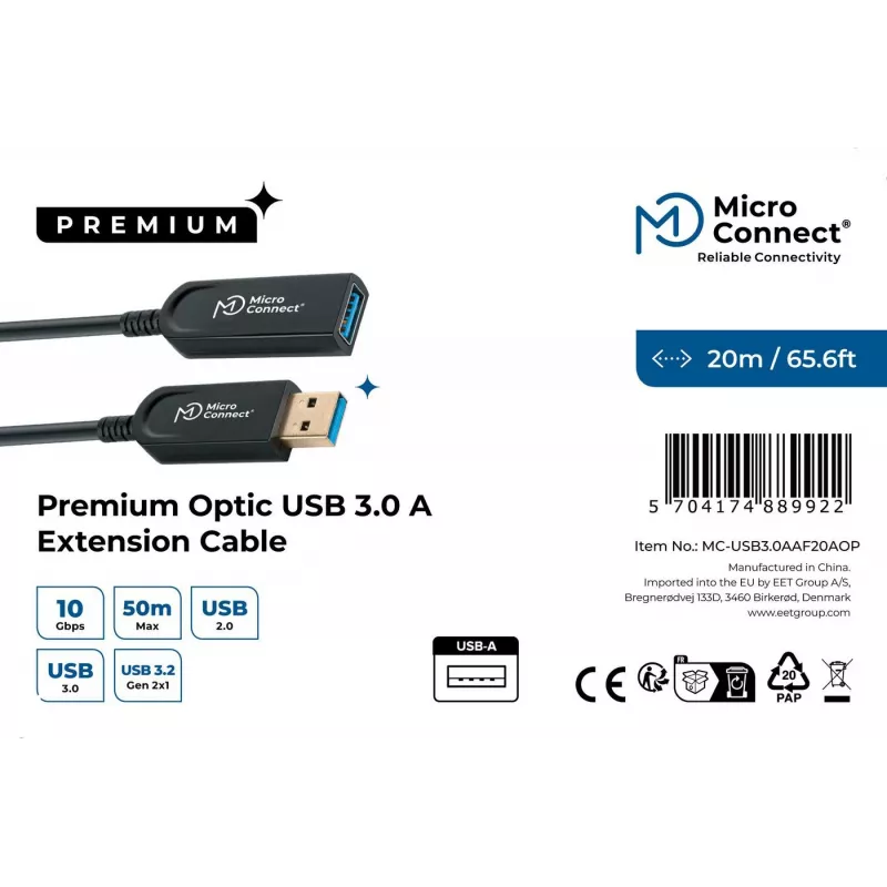 Microconnect USB3.0AAF20AOP USB-kaabel USB 3.2 Gen 1 (3.1 Gen 1) 20 m USB A Must