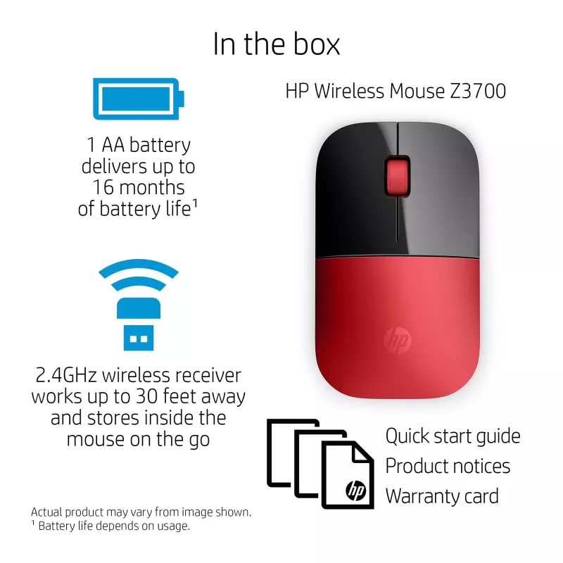 HP Z3700 punane juhtmevaba hiir, mõlemakäeline, optiline, raadiosageduslik juhtmevaba, 1200 DPI, punane