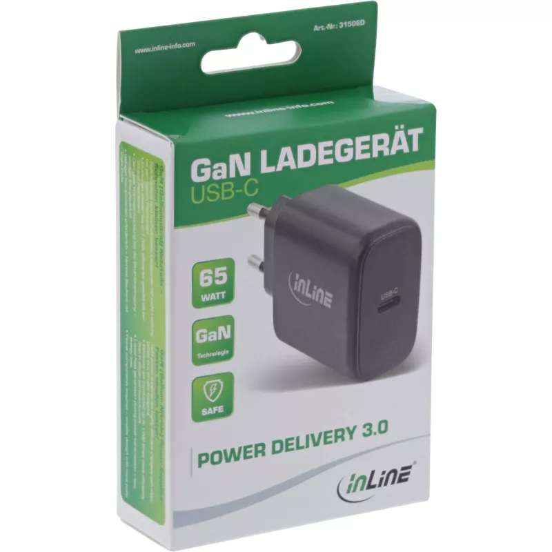 InLine USB PD toiteplokk, GaN laadija, üks USB-C, toiteedastus, 65 W