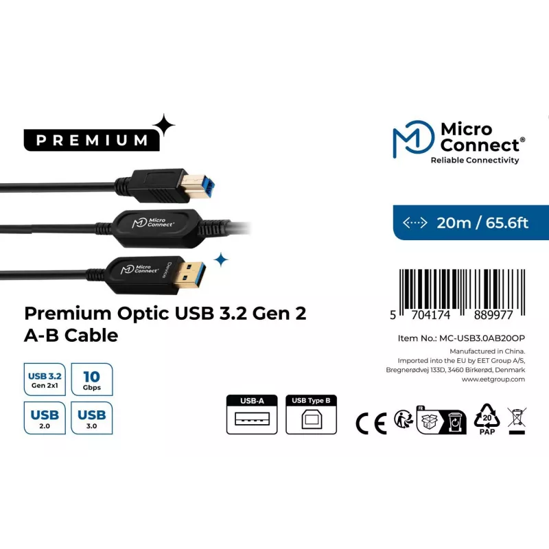 Microconnect MC-USB3.0AB20OP USB-kaabel USB 3.2 Gen 2 (3.1 Gen 2) 20 m USB A USB B Must