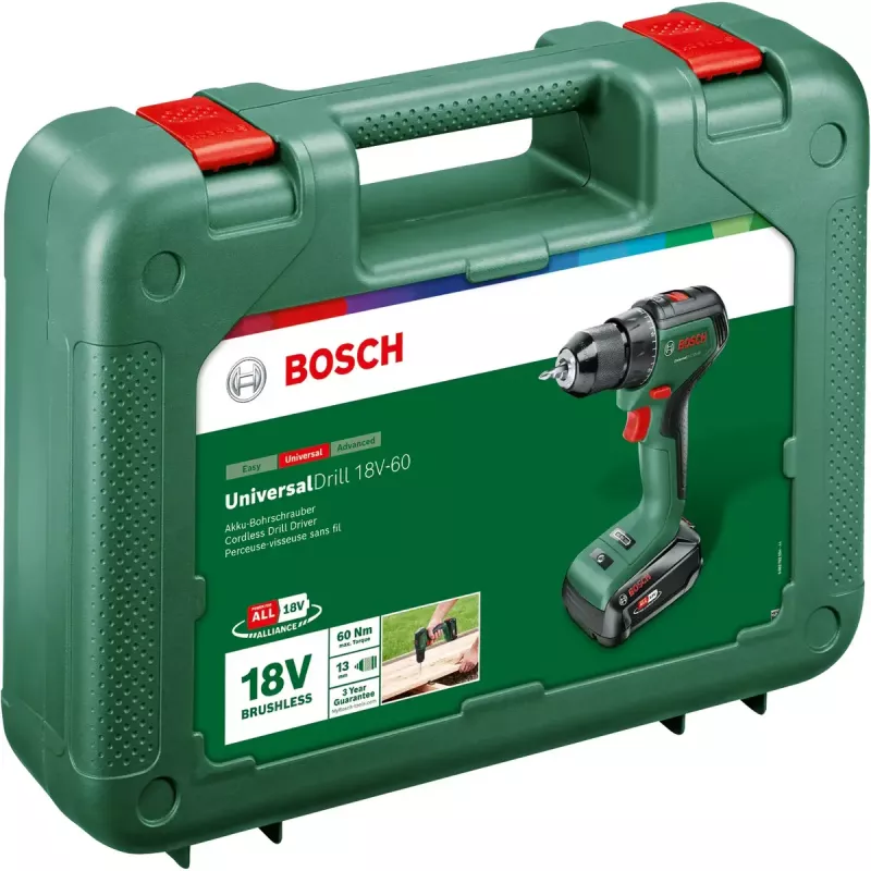 Bosch UniversalDrill 18V-60 1900 RPM Keyless 1.3 kg Must, roheline
