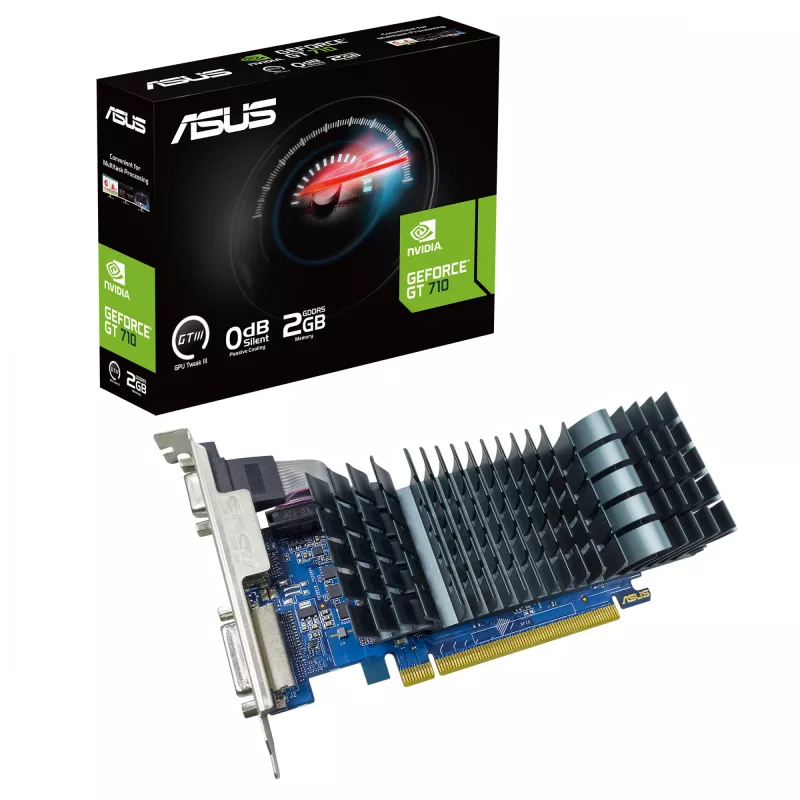 Videokaart ASUS GeForce GT 710 — 2 GB GDDR5, 64-bit, PCIe 2.0, passiivne jahutus