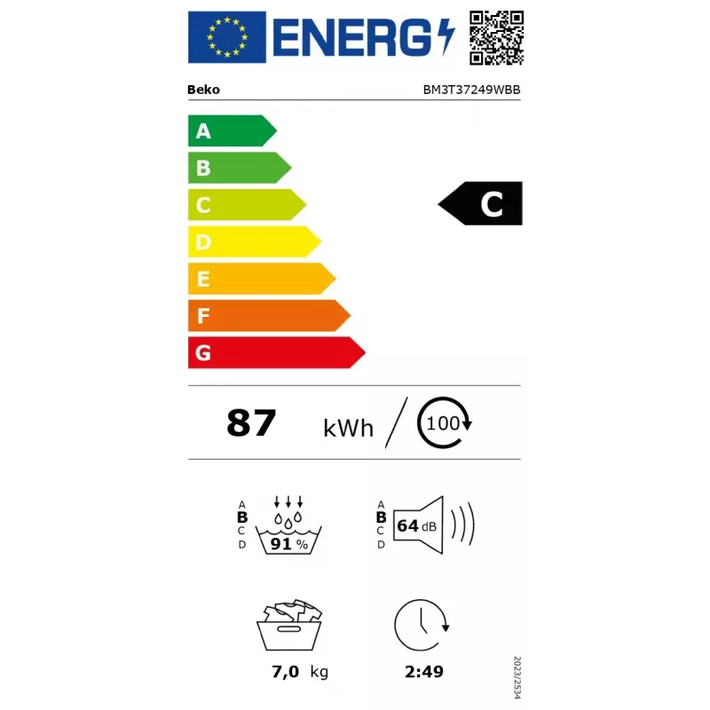 BEKO kuivati | BM3T37249WBB | Energiatõhususe klass C | Eestlaetav | 7 kg | Digitaalne | Sügavus 54,5 cm | Valge