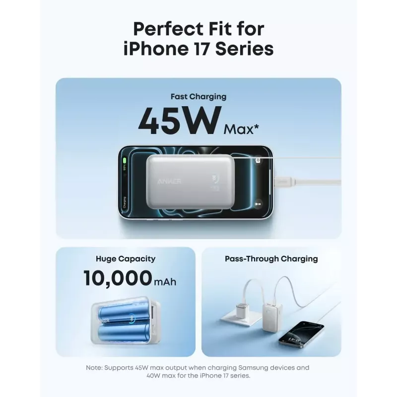 Akupank Anker Nano 45W sisseehitatud sissetõmmatava USB-C kaabliga A1638H11 10000 mAh Must